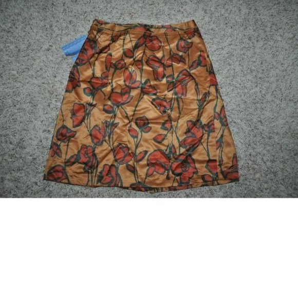 Womens Skirt 10 Gold Orange Floral Satiny Pleated Side Zip Simply Vera Wang - Picture 2 of 5